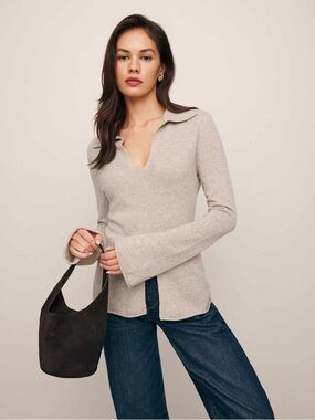 Reformation Cashmere Collared V-Neck Long Sleeve Sweater in Light Taupe
